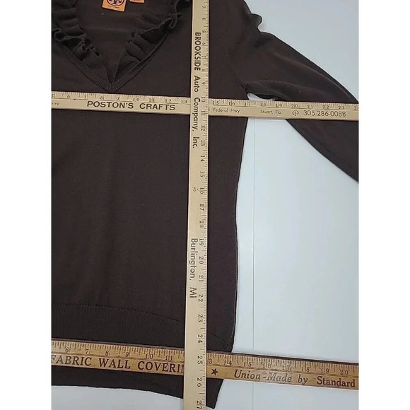 Tory Burch 100% Merino Wool Brown Sweater Women's Size Med Ruffled Collar - Picture 3 of 7